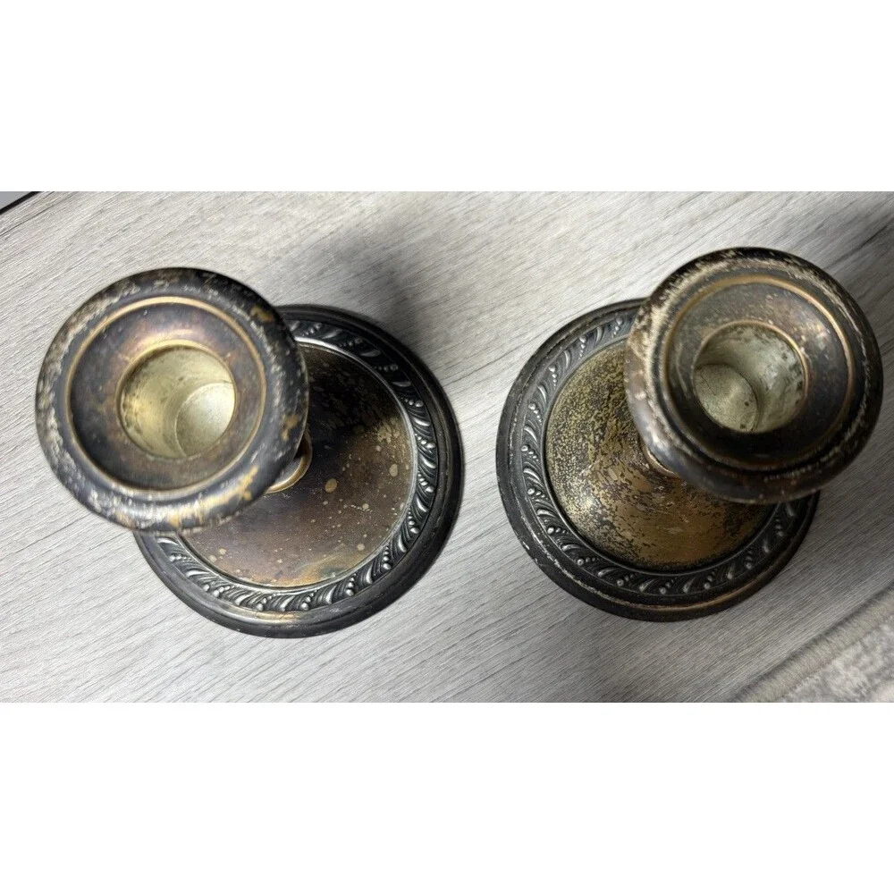 2 Antique William Rogers Silver Plate Candle Holders Art Nouveau Elegant W 4.5